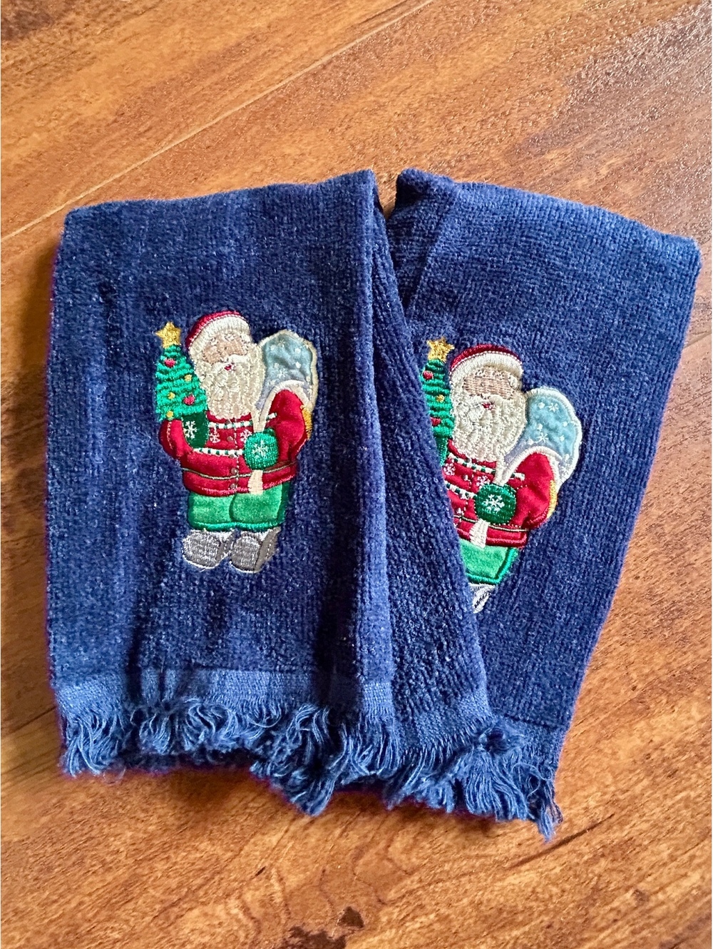 Pair of Navy Blue Christmas Santa Embroidered Hand Towels